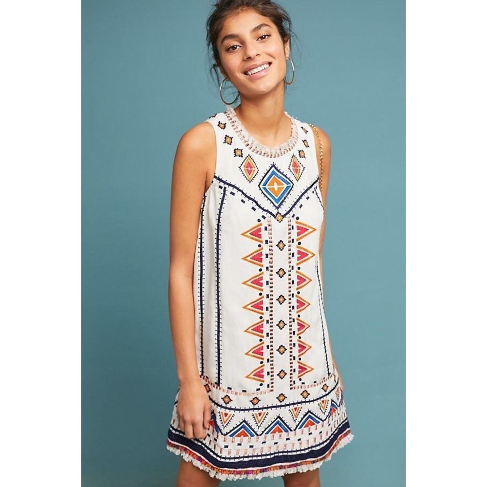 Anthropologie Akemi + Kin Reagan Shift Dress Embroidered Fringe Linen Size 2